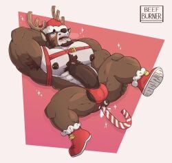 anal_insertion anthro armpit_hair balls bara beefburner big_balls big_penis boner candy_cane candy_cane_insertion christmas erection facial_hair furry hand_behind_head male male_only muscles muscular penis reindeer santa_hat solo solo_male spread_legs