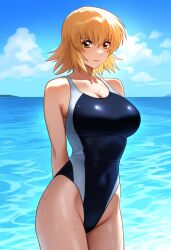 1girls arms_behind_back artist_request bare_arms bare_legs bare_shoulders bare_thighs belly_button big_breasts blonde_hair blue_swimsuit bob_cut brown_eyes busty cagalli_yula_athha cleavage clothing female female_focus female_only gundam gundam_seed hi_res high_resolution highres hourglass_figure large_breasts light-skinned_female light_skin lips lipstick makeup medium_hair ocean ocean_background one-piece_swimsuit pale-skinned_female pale_skin pink_lips pink_lipstick pose posing shoulder_length_hair sideboob solo solo_female solo_focus spiky_hair standing sweat sweatdrop sweating swimsuit thick_thighs thighs voluptuous voluptuous_female wide_hips yellow_hair