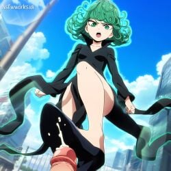 1boy 1boy1girl 1girl 1girls ai_generated anime anime_style cum ejaculation erection female_focus femdom footjob green_eyes green_hair happy happy_face heels_fetish high_heels lower_body no_shoes no_socks nsfwworks.ia one-punch_man penis precum saitama smile stepped_on stepping_on_penis tatsumaki teasing telekinesis trample tsundere