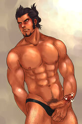 1boy abs armpit_hair black_hair black_speedo black_underwear blush blushing body_hair brown_eyes facial_hair hairy_armpits hairy_legs human human_only ixion_saga_dt looking_away male male_focus male_only muscle muscles muscular muscular_male nipples pecs penis penis_out penis_out_of_underwear presenting presenting_penis pubic_hair sainglain six_pack solo solo_focus solo_male speedo standing tan tan_body tan_skin tied_hair toned toned_body toned_male underwear underwear_only veiny_penis