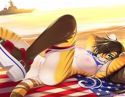 american_flag battleship beach bikini bikini_top_removed blush breasts brown_hair clothing felid feline felis female female_only fur furry furry_only green_eyes hi_res long_hair lying pants_around_one_leg partially_clothed pinup platform_footwear pussy sandals smile tail tiger tsampikos