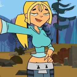 1girls 2d big_breasts blonde_hair bridgette_(tdi) cano96 canoartnsfw female green_eyes hand_on_hip outside ponytail_hair pov sagging_breasts stripping total_drama_island