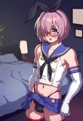 1boy ai_generated bare_shoulders bed bedroom blush bulge bulge_through_clothing copernicus cosplay crop_top crossdressing elbow_gloves erection erection_under_clothes fate/grand_order fate_(series) femboy feminine_male genderswap_(ftm) girly glasses gloves hair_over_one_eye hairband highleg_panties indoors kantai_collection looking_at_viewer male male_focus male_only mash_kyrielight otoko_no_ko panties penis pink_hair purple_eyes rizdraws_(ai_style) rule_63 shimakaze-kun shimakaze_(kantai_collection)_(cosplay) short_hair skirt solo solo_focus solo_male standing thighhighs trap