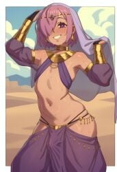 1boy ai_generated arabian_clothes blush bulge copernicus dancer desert fate/grand_order fate_(series) femboy feminine_male genderswap_(ftm) girly gold grin hair_over_one_eye jewelry looking_at_viewer male male_focus male_only mash_kyrielight no_glasses otoko_no_ko outdoors pink_hair purple_eyes rizdraws_(ai_style) rule_63 short_hair sky smile solo solo_focus solo_male sweat trap