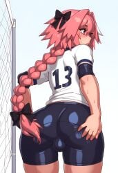 1boy ai_generated ass ass_focus astolfo_(fate) bike_shorts blush bulge bulge_through_clothing copernicus eigaka_(style) fate/grand_order fate_(series) femboy feminine_male from_behind girly grabbing_own_ass long_hair looking_at_viewer male male_focus male_only otoko_no_ko pink_hair purple_eyes rizdraws_(ai_style) shirt shorts solo solo_focus solo_male sportswear trap