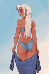 1girls ass atlantis:_the_lost_empire back back_view bikini bikini_bottom blue_eyes curvy_figure dark-skinned_female dark_skin disney disrobing female kida raichiyo33 seductive seductive_look slim slim_waist smile smiling swimsuit undressing white_hair