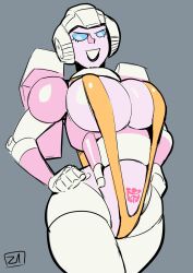 1girls arcee arcee_(g1) autobot big_breasts big_smile black_lips black_lipstick blue_eyes busty color drawn female female_autobots female_only full_color giant_breasts hasbro helmet huge_breasts looking_at_viewer looking_down multicolored_body open_mouth_smile pink_body proud pubic_tattoo robot robot_girl robot_humanoid simple_background sling_bikini solo tattoo thick_hips thick_thighs transformers transformers_g1 white_body wide_hips zestysauce