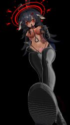 anal_tail big_breasts black_hair boots dark_skin halo latex leash long_gloves navel_piercing nipple_piercing nipples piercing pubic_tattoo red_eyes reverse_bunnysuit selestia stockings stomping thong vrchat