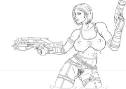 breasts bulletstorm deberzer female female_only garter_belt gun huge_breasts line_art machine_gun monochrome navel nipples nipples_visible_through_clothing no_bra no_panties pubic_hair pussy see-through solo traditional_media_(artwork) trishka_novak underass weapon wet_clothes wet_shirt