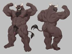 2_horns 5_fingers 5_toes abs absurd_res adios angus_(adios) anthro armpit_hair ass balls biceps body_hair bovid bovine bull bull_horn bull_tail cattle chest_hair flexing fur genitals hi_res horn hybrid_genitalia hybrid_penis male mammal muscles muscular muscular_anthro muscular_male nipples pecs penis rear_view solo solo_male tail vein veiny_penis