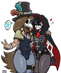 2boys akirozhvbr big_thighs black_hair brown_hair bulge empty_eyes femboy flat_chest goth grim_reaper hood long_hair plague_doctor short_hair top_hat