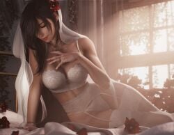 1girls 3d 3d_(artwork) arm_support bedroom black_hair blender bracelet breasts bride closed_eyes day earrings female female_focus final_fantasy final_fantasy_vii final_fantasy_vii_rebirth final_fantasy_vii_remake fit_female flower_in_hair flowers garter_belt garter_straps hair_over_one_eye highres indoors large_breasts long_hair necklace on_bed red_lipstick ria-neearts ring sitting_on_bed smile thighhighs tifa_lockhart wedding_band wedding_lingerie wedding_ring white_lingerie window yokozuwari