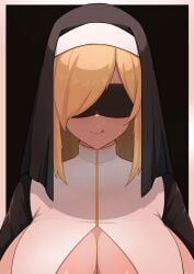 1girls big_breasts blonde_hair breasts cleavage covered_eyes female gigantic_breasts huge_breasts inflationsoul large_breasts long_hair massive_breasts nun original original_character upper_body