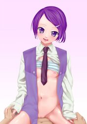 1059 1boy 1girls blush bra breasts clothing dokidoki!_precure female flat_chest girl_on_top kenzaki_makoto nipples precure pretty_cure purple_eyes purple_hair sex short_hair tagme tie