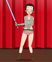 embarrassed lightsaber masterwedgier no_pants panties pantsless print_panties purple_panties rey star_wars underwear