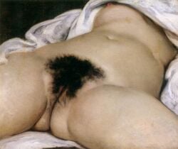 1girls 2d alternate_version_available areolae bed better_version breasts constance_quéniaux european european_female female female_only fine_art french_female gustave_courbet hairy_pussy human l'origine_du_monde labia labia_majora labia_minora navel nipples painting_(artwork) pubic_hair pussy pussy_focus real_person solo straight_hair thick_thighs thighs traditional_art traditional_drawing_(artwork) traditional_media traditional_media_(artwork) vagina