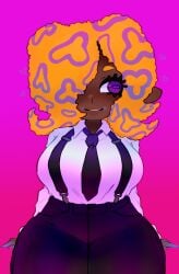 1girls absurdres alternate_body_size black_necktie breasts collared_shirt cowboy_shot gradient_background hair_over_one_eye heart highres large_breasts long_sleeves medium_hair necktie nintendo orange_hair parted_lips patterned_hair purple_background purple_eyes shirt shirt_tucked_in smile solo splatoon splatoon_(series) splatoon_3 suspenders tao_blu_(splatoon) tentacle_hair vespbee white_shirt