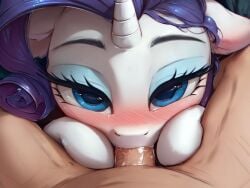 ai_generated blue_eyes blue_eyeshadow blush equid equine eyeshadow fellatio fellatio_from_feral female feral friendship_is_magic furry hair hasbro horn human human_on_feral interspecies makeup male male/female male_human/female_feral male_on_feral mammal my_little_pony oral penis pov purple_hair rarity_(mlp) sex unicorn white_body white_fur zoophilia