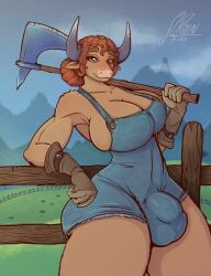 anthro axe balls_outline big_breasts big_bulge biped bovid bovine breasts bulge cattle clothing detailed_bulge european_mythology farm farmer fence field genital_outline genitals gloves greek_mythology green_eyes gynomorph gynomorph_anthro hair handwear hi_res horn huge_breasts intersex intersex_anthro mammal minotaur mythology nature nature_background overalls penis red_hair solo spoonfullofdirt waist