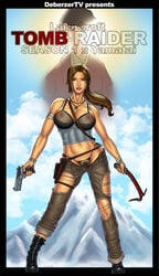 areola black_lingerie bra breasts deberzer female female_only human lara_croft lara_croft_(survivor) large_breasts lingerie navel nipples piercing pubic_hair see-through see-through_bra see-through_panties solo thong tomb_raider torn_clothes