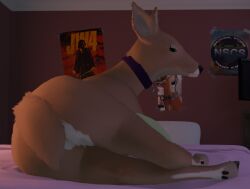 3d_(artwork) blender_(software) blender_eevee collar collar_only deer detailed_background digital_media_(artwork) doriyote female feral hi_res juniper_(laserkitten) looking_at_viewer looking_back lying mammal new_world_deer nude on_side solo white-tailed_deer