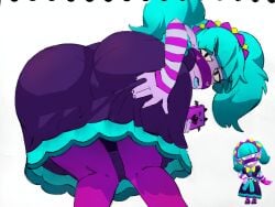 1girls ass ass_focus ass_grab ass_up bent_over blue_tongue brawl_stars emz_(brawl_stars) green_hair harajuku_emz large_ass looking_at_viewer looking_back mayodeoz pink_skin pink_socks skirt skirt_lift skirt_pull smile stockings tongue_out