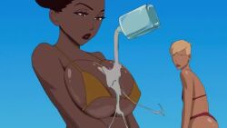 2girls animated big_breasts bikini black_female black_pinup_project dark-skinned_female female flat_chest liquid pouring_on_breasts shorter_than_30_seconds staring tagme video