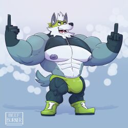 anthro balls bara beefburner big_balls big_penis bulge flaccid furry male male_only middle_finger muscles muscular penis solo solo_male volk_(beefburner) wolf