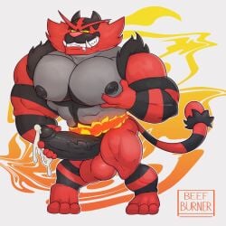 anthro balls bara beefburner big_balls big_penis black_fur boner cum erection feline furry grey_fur incineroar male male_only masturbation muscles muscular nintendo nude penis pokemon red_fur solo solo_male