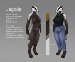 absurd_res anthro badger black_clothing bottomwear breasts brown_eyes brown_hair clothing denim denim_bottomwear denim_clothing digitigrade female hair hi_res jagoda jeans mammal medium_breasts model_sheet mustelid musteline pants patecko short_hair solo sweater topwear yugoslavia