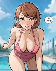 1girls ai_generated big_breasts breasts brown_eyes brown_hair cleavage female large_breasts lepypepy looking_at_viewer one-piece_swimsuit persona persona_3 pink_clothing pool poolside presenting_breasts shin_megami_tensei smile smiling smiling_at_viewer sole_female solo solo_female speaking_to_viewer swimsuit text wet yukari_takeba