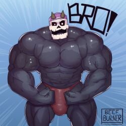 backwards_baseball_cap balls bara baseball_cap beefburner big_balls big_penis black_body bulge duncan_(beefburner) flaccid flexing horns male male_only muscles muscular penis skull skull_head solo solo_male