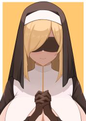 1girls big_breasts blonde_hair breasts cleavage covered_eyes female gigantic_breasts huge_breasts inflationsoul large_breasts long_hair massive_breasts nun original original_character praying upper_body