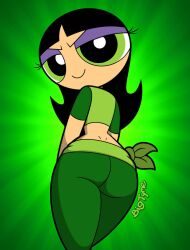 1girls aged_up ass back bigtyme black_hair butt buttercup_(powerpuff_girls) cartoon_network closed_mouth clothed clothed_female eyelashes female female_only from_behind green_background green_eyes green_pants half-closed_eyes human human_only light-skinned_female light_skin long_hair looking_at_viewer looking_back pale-skinned_female pale_skin powerpuff_girls smile smiling smiling_at_viewer solo standing superheroine theedministrator765 toonami weird