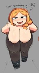 alex_(minecraft) breast_focus breasts breasts_out dialogue minecraft orange_hair readraws reahmi rekkadraws smug thick_thighs topless topless_female