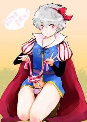 alternate_costume balls_in_panties bar_censor blush censored cosplay crossdressing crossover erection femboy full_body gintama gintoki_sakata hair_ribbon kneeling male male_only miyanojun panties penis penis_out red_eyes ribbon ribbon_on_penis sitting smile snow_white_(cosplay) snow_white_and_the_seven_dwarfs solo thick_thighs white_hair