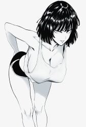 1girls armpits bare_legs bare_thighs bending_forward bending_over bent_over big_ass big_breasts black_and_white black_hair bob_cut breasts cleavage fubuki_(one-punch_man) leaning_forward looking_at_viewer monochrome mostlybluewyatt one-punch_man short_hair shorts sideboob sleeveless sleeveless_shirt slim_waist smiling_at_viewer solo standing wide_hips