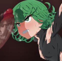 1boy 1girls black_dress blush censored clenched_teeth dark-skinned_male dress female flipped_hair green_eyes green_hair highres interracial large_penis male mizumizuni mosaic_censoring one-punch_man penis short_hair tatsumaki teeth torn_clothes torn_dress