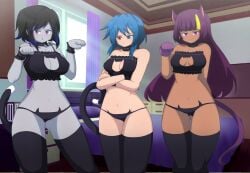 3girls alternate_version_available blue_hair cat_print cat_tail female_only grey_skin only_female purple_hair tagme zukafu_shimoto