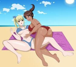 2girls anoneysnufftan applying_sunscreen asahina_aoi beach beach_towel bikini blonde_hair brown_hair danganronpa dark-skinned_female dark_skin edasbild embarrassed fairy_tail female female_only humiliation imminent_death killer_lotion lucy_heartfilia massage murder ocean peril punishment rubbing sand seaside sky snuff summer sunbathing swimsuit towel