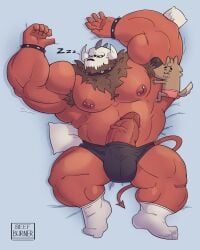 armpit_hair arms_up asleep balls bara beefburner big_balls big_penis boner demon erection male male_only muscles muscular penis size_difference sleeping teddy_(beefburner)