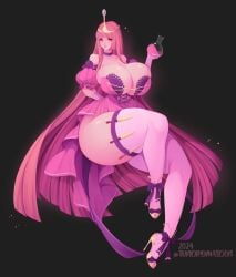 1girls adventure_time background black_background breasts female female_only flask high_resolution huge_breasts large_breasts long_hair looking_at_viewer pink_body pink_hair princess_bubblegum simple_background solo thick_thighs thighhighs thighs tundromaiden very_high_resolution