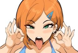 1girls ai_generated ben_10 facing_viewer fellatio_gesture female green_eyes gwen_tennyson inviting_to_sex large_breasts looking_at_viewer mullon novelai open_mouth orange_hair solo suggestive suggestive_gesture tongue