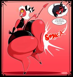 ass_bigger_than_head ass_bigger_than_torso ass_expansion ass_slap ass_smack big_ass bubble_ass bubble_butt femboy helluva_boss huge_ass imp large_ass massive_ass millie_(helluva_boss) moxxie_(helluva_boss) rubber_clothing sharkbubble slapping_ass smack_(sound_effect) smacking_ass white_hair