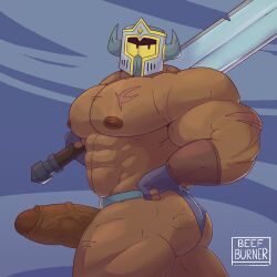 ass atlas_(beefburner) balls bara beefburner big_balls big_penis bite_mark boner erection helmet knight male male_only muscles muscular penis scars solo solo_male sword