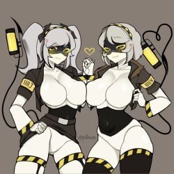 2girls ass big_ass big_breasts big_thighs blush breasts drone female female_only gray_hair huge_ass huge_breasts huge_thighs j_(murder_drones) jacket looking_at_viewer murder_drones non-mammal_breasts open_clothes open_jacket pellmenn robot robot_girl tagme tail thick_hips thick_thighs thighs v_(murder_drones) white_body yellow_eyes