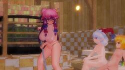 3d 3d_animation 3girls animated areolae areolae_visible_through_clothing barely_clothed blonde_hair choker cleaning completely_nude_female embarrassed flandre_scarlet glasses horns large_breasts mop mopping nipples_visible_through_clothing no_sound nude patchouli_knowledge purple_hair sauna small_breasts steam sweeping tagme tan_tar_tan_h touhou toutetsu_yuuma video wet white_hair yuuma_toutetsu