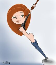 1girls arms_up ass bondage brown_hair disney female female_only green_eyes helix human kim_possible kimberly_ann_possible large_breasts long_hair nipples pants_down rope rope_bondage solo