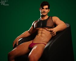 1boy 3d 3d_(artwork) 3d_model abs artist_logo artist_name beard_stubble brown_eyes brown_hair bulge bulge_through_clothing facial_hair green_background himbo human hunk kazuworks lean_body lean_muscle male male_nipples male_only male_thong muscles muscular_male mustache no_visible_genitalia original original_character pecs penis_bulge scantily_clad shaved_crotch skimpy_topwear smooth_skinned_male solo stud tan-skinned_male tan_skin underwear_only winking_at_viewer