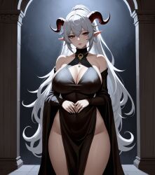 ai_generated anime_style cleavage demon demon_horns dress dungeons_and_dragons hard_nipples horns keyhole keyhole_dress keyhole_turtleneck large_breast ponytail thighs tiefling tiefling_girl white_hair wizard